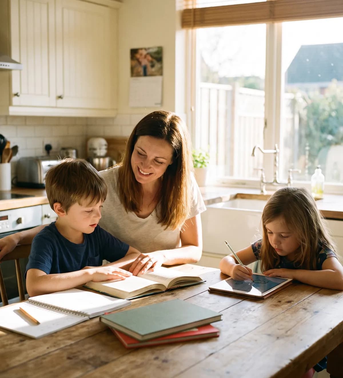 A parent and two children working through the morning's lessons at a sunlit kitchen table, one with an open book and one drawing on a tablet.