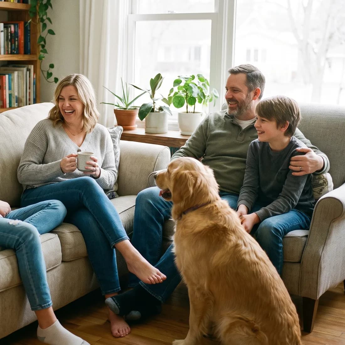 A family at home in their living room, laughing together on the couch with their dog.
