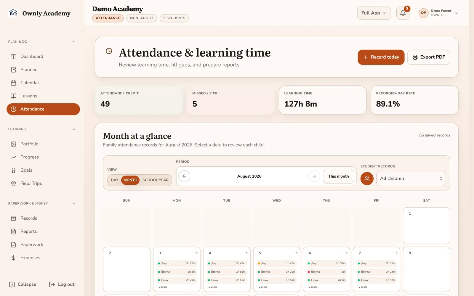 The attendance and learning time page, showing attendance credit, learning hours, recorded-day rate, and a month calendar.