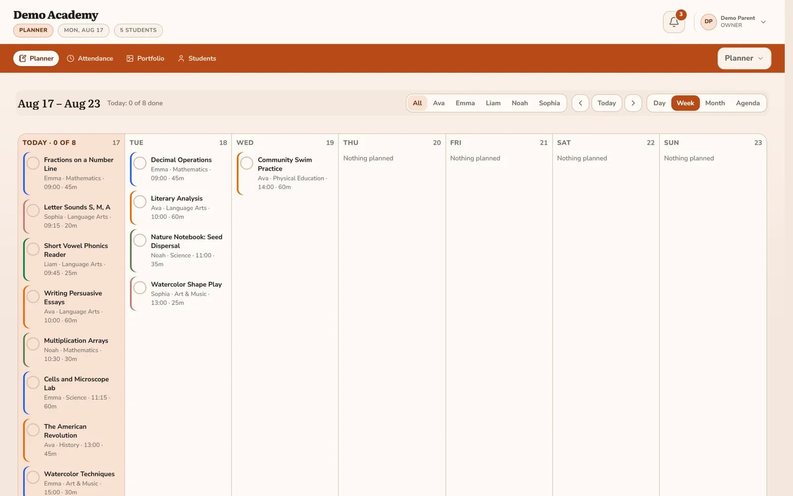 The Schoollark planner showing a week of lessons across five children, each with subject, start time, and duration.