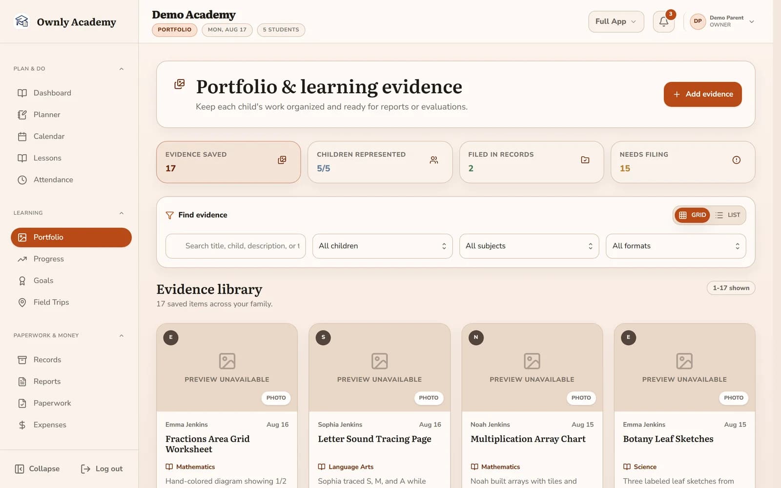 The portfolio and learning evidence page, showing saved work for each child with its subject and date.